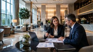 Руководитель отеля и консультант Impulse Hospitality обсуждают стратегию развития, продажи и маркетинг в современном гостиничном холле.